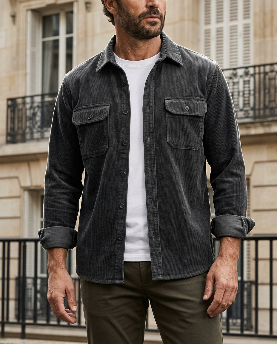 Men's Ribbed Corduroy Shirt Jacket with Chest Pockets – Button-Up Overshirt for Casual Layering, Work Style, Fall Outfits | Lonoma