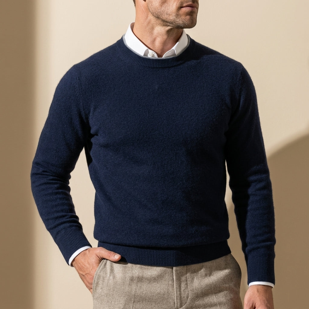 Men's Brushed Cashmere Pullover Sweater – Crew Neck with Contrast Detail for Business Casual | Lonoma