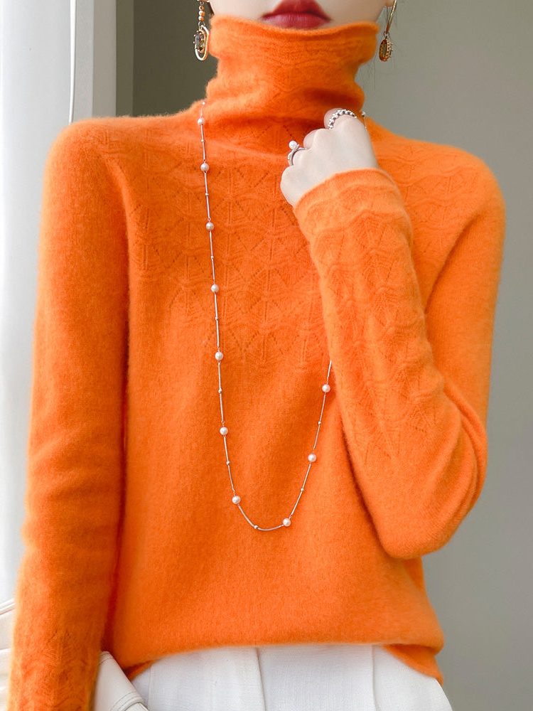 Women's Turtleneck Sweater with Open Stitch Detail in Soft Brushed Knit | Relaxed Fit Pullover for Layering | Fall Winter Wardrobe Essential | Lonoma