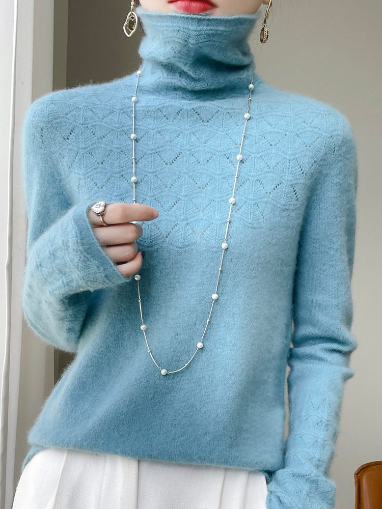 Women's Turtleneck Sweater with Open Stitch Detail in Soft Brushed Knit | Relaxed Fit Pullover for Layering | Fall Winter Wardrobe Essential | Lonoma