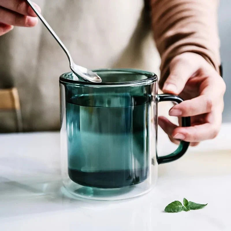 Glass Coffee Mug with Insulated Double Wall, Ergonomic Handle for Hot Beverages | Kitchen Drinkware for Coffee, Tea, Lattes | Lonoma