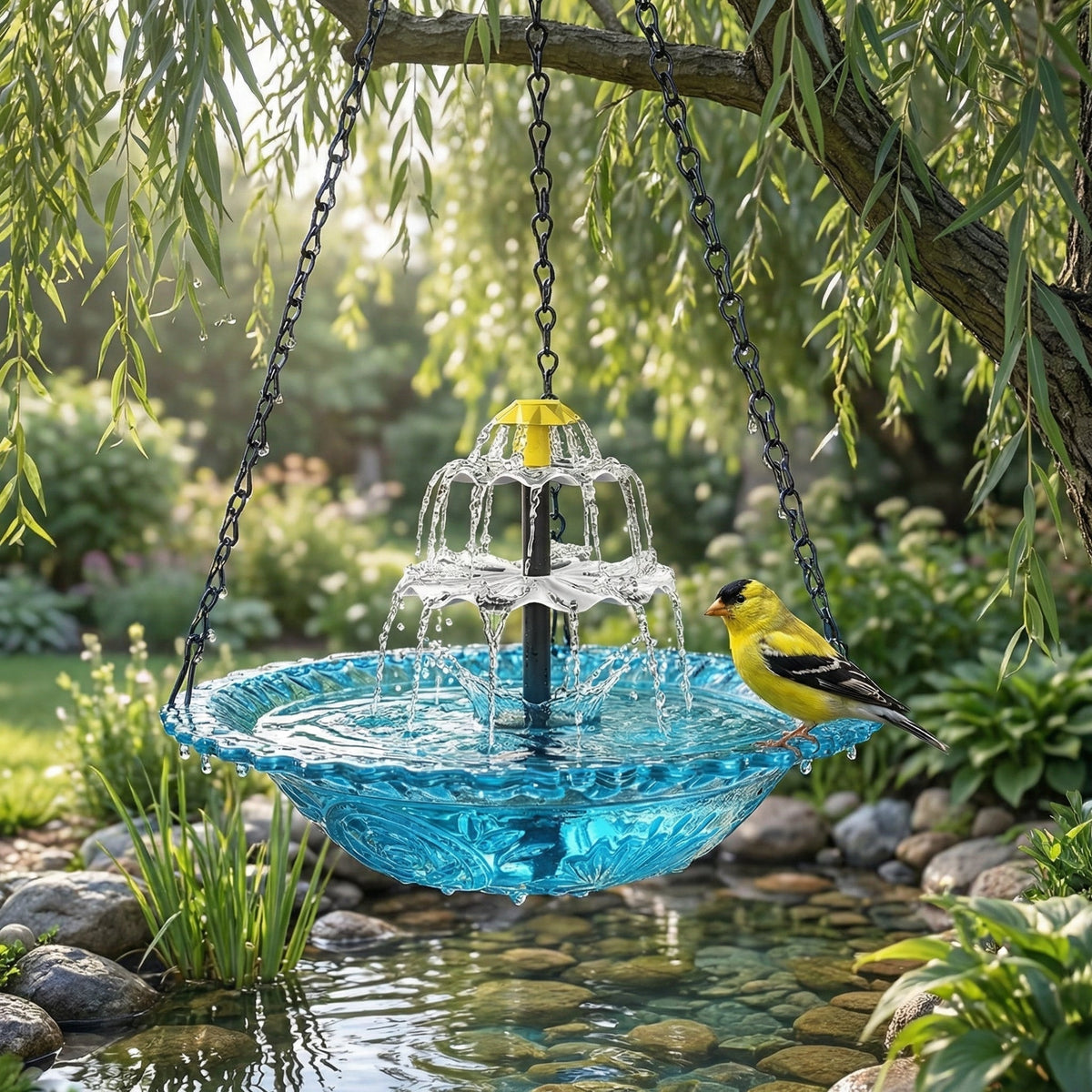 Solar Hanging Bird Bath Fountain, 10 in Glass Bowl with Cascading Water, Outdoor Garden Patio Backyard Decor for Songbirds & Wildlife | Lonoma