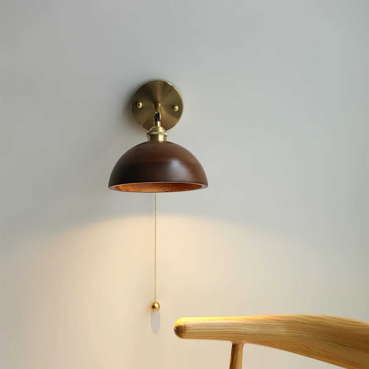 Wood Wall Sconce with Dome Shade and Pull Chain Switch for Bedroom, Living Room, Dining Room – Brass Walnut Farmhouse Accent Lighting Fixture | Lonoma