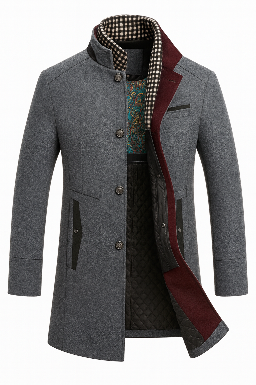 Men's Insulated Wool Blend Overcoat with Standing Collar & Quilted Interior for Winter | Lonoma