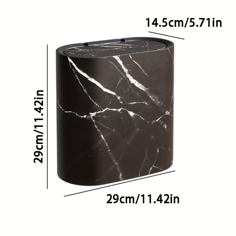 Compact Lidded Waste Bin Oval Marble-Look Trash Can 11.4 × 11.4 × 5.7 in Plastic for Bathroom Kitchen Bedroom Office Small Space | Lonoma