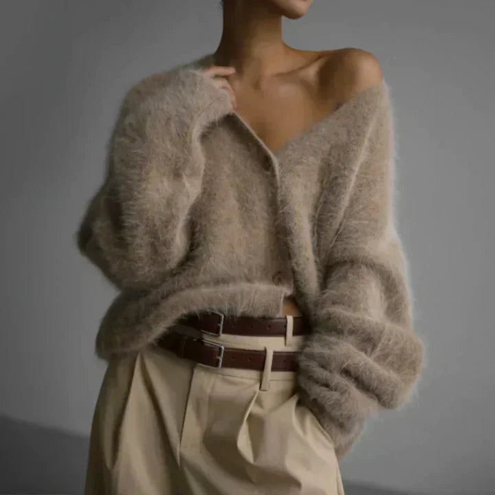 Women's Plush V-Neck Button-Front Cardigan – Cozy Oversized Sweater with Dropped Shoulders for Fall & Winter | Casual Knitwear | Lonoma