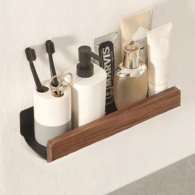 Wall-Mounted Bathroom Shelf Solid Wood No Drill Installation Natural Finish Compact Organizer for Toiletries Towels Rustic Design Space | Lonoma
