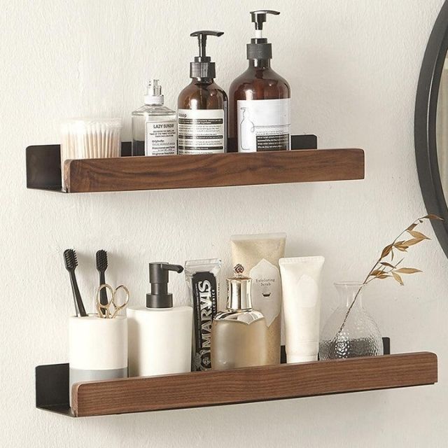 Wall-Mounted Bathroom Shelf Solid Wood No Drill Installation Natural Finish Compact Organizer for Toiletries Towels Rustic Design Space | Lonoma