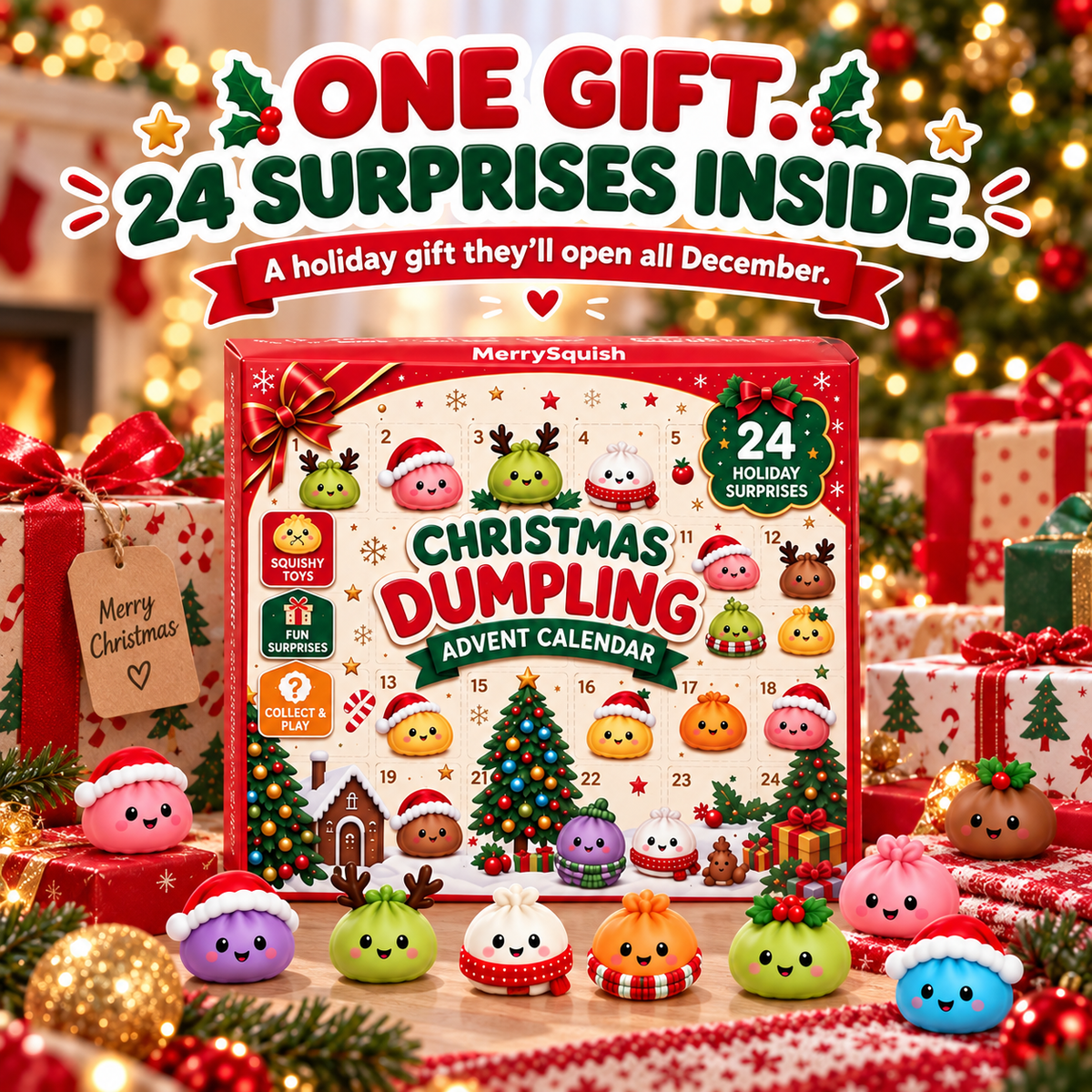 Holiday Countdown Calendar with 24 Soft Squishy Dumpling Characters Christmas Advent Toy Set for Kids December Daily Surprise Collectibles | Lonoma