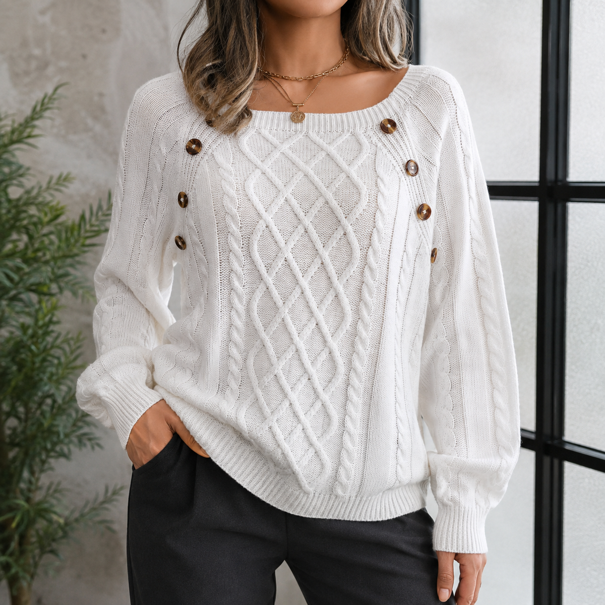 Shoulder Button Cable Knit Pullover Sweater for Women | Chunky Ribbed Crewneck Jumper Fall Winter | Classic Textured Long Sleeve Top | Lonoma