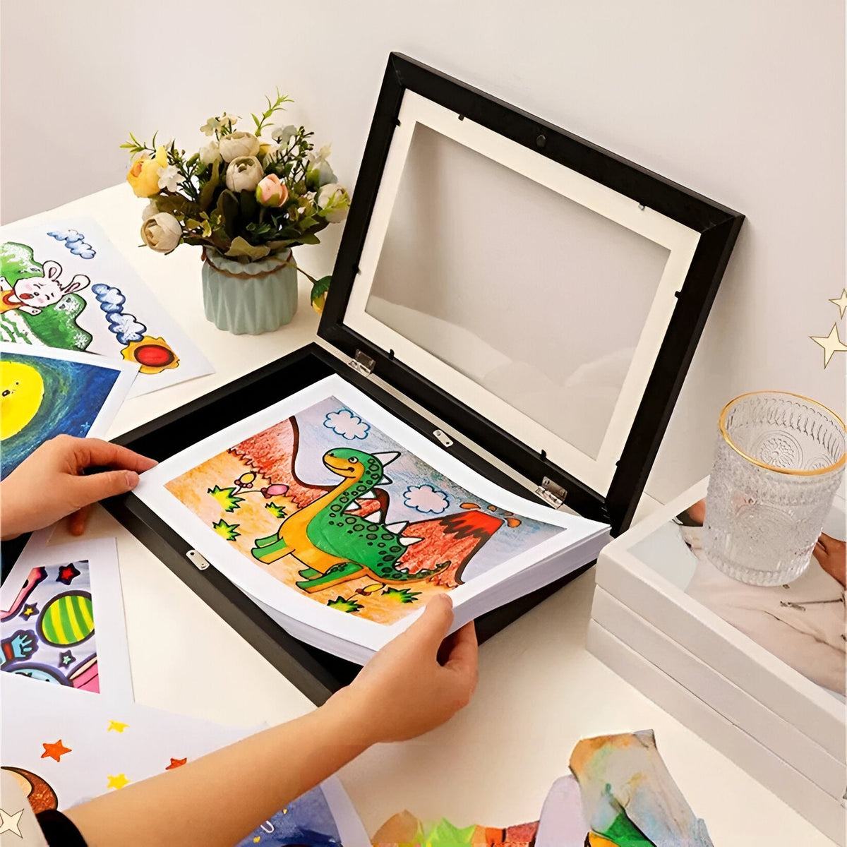 Kids Art Display Frame with Storage for 150 Drawings - Flip-Front Wooden Picture Frame A4 A3 for Bedroom Living Room Playroom | Lonoma