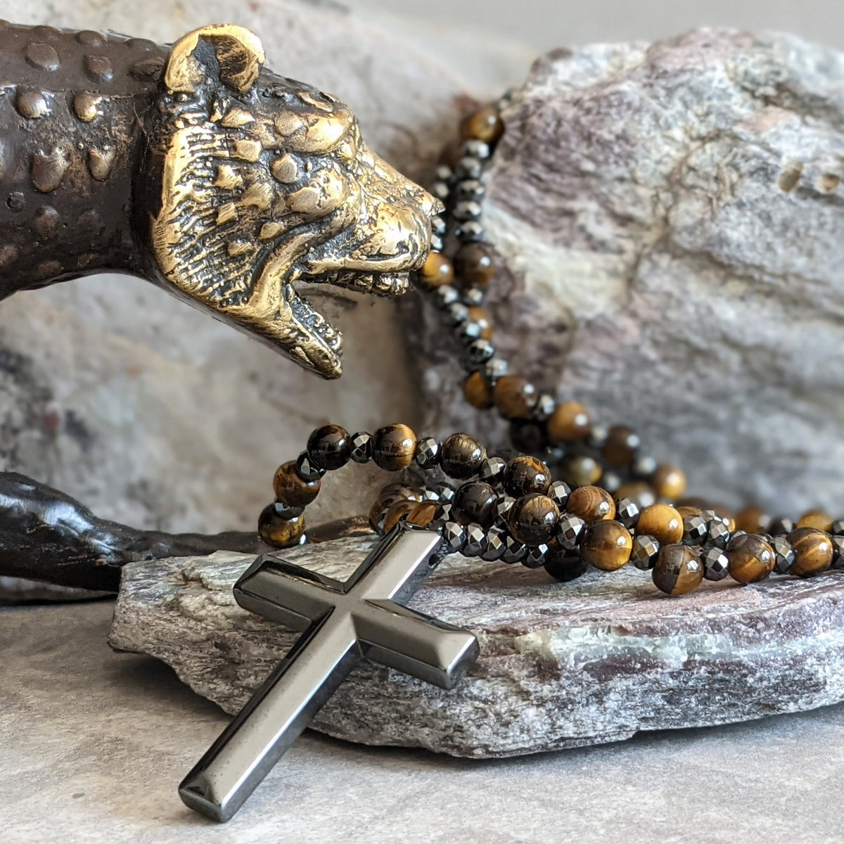 Beaded Stone Necklace for Men with Cross Pendant – Natural Gemstone Jewelry for Everyday Wear, Meditation & Mindfulness | Lonoma
