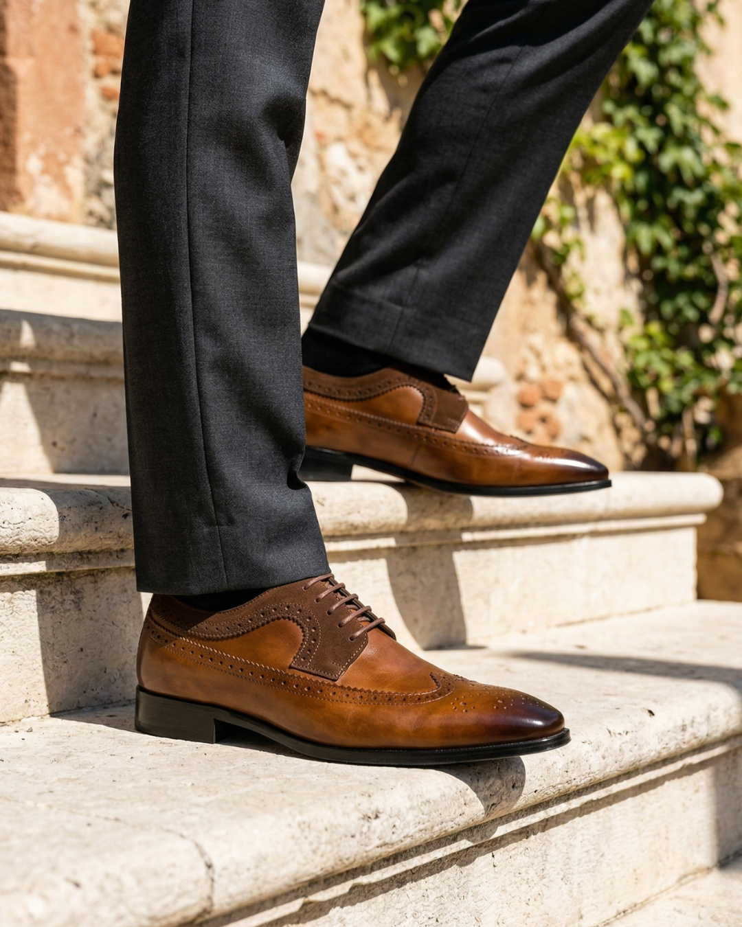 Men's Leather Derby Shoes with Wingtip Detail | Classic Lace-Up Oxford Dress Shoes | Formal Casual Business Footwear with Cushioned Insole | Lonoma