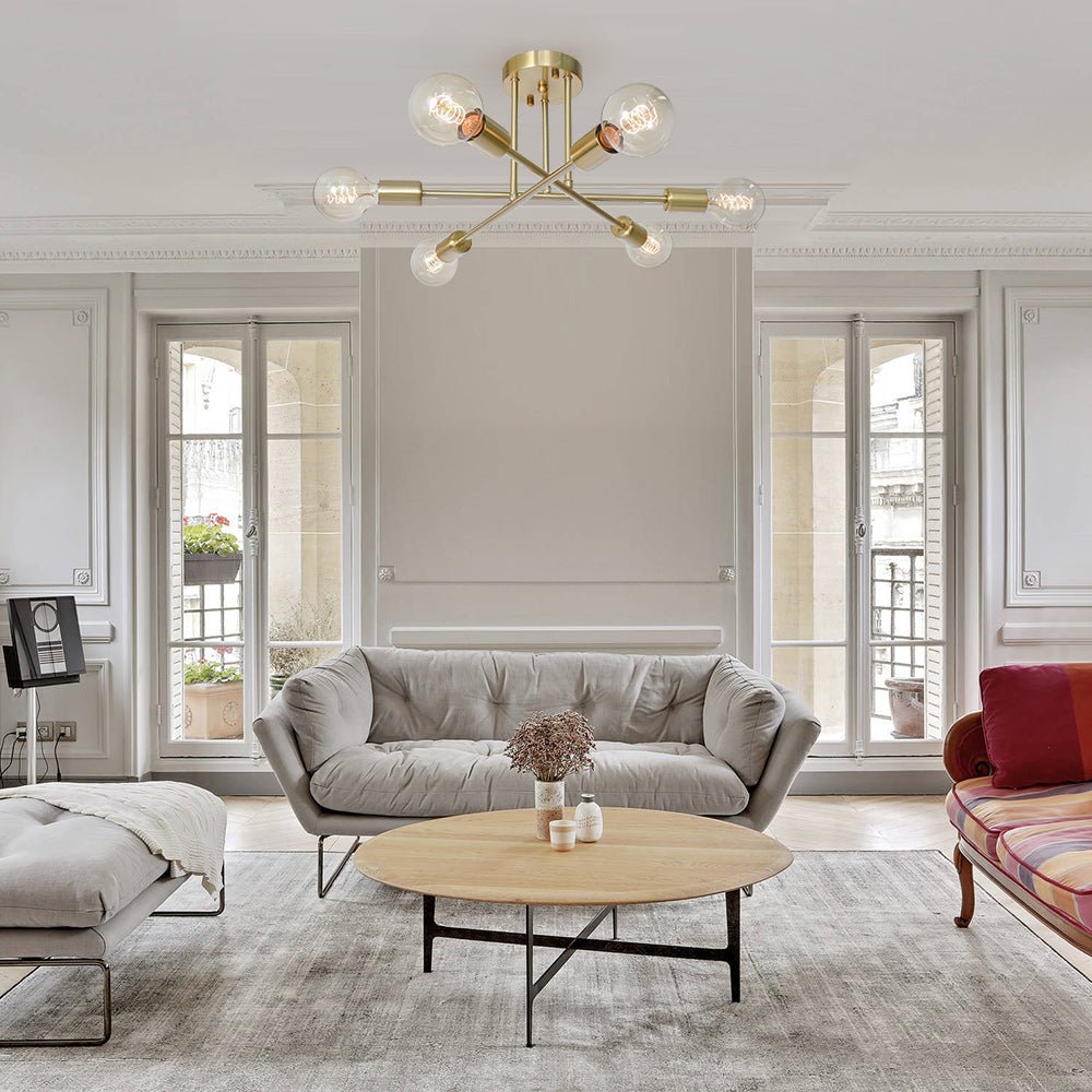 6-Light Ceiling Fixture Mid-Century Starburst Design Gold Metal Arms E26 Socket Sloped Ceiling Compatible Hallway Entryway Dining Room | Lonoma