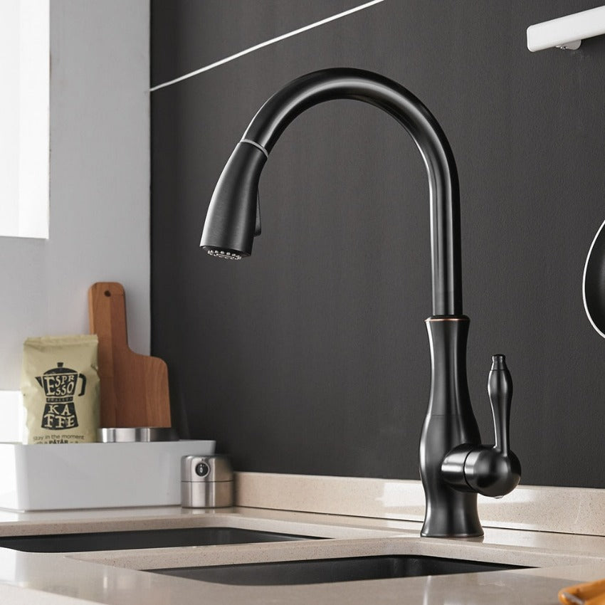 Pull-Out Kitchen Faucet 360° Swivel Brushed Nickel Chrome Gold Black Single Hole Sprayer Sink Mixer Tap for Modern Farmhouse Home | Lonoma