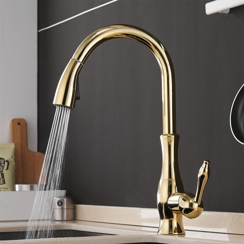 Pull-Out Kitchen Faucet 360° Swivel Brushed Nickel Chrome Gold Black Single Hole Sprayer Sink Mixer Tap for Modern Farmhouse Home | Lonoma