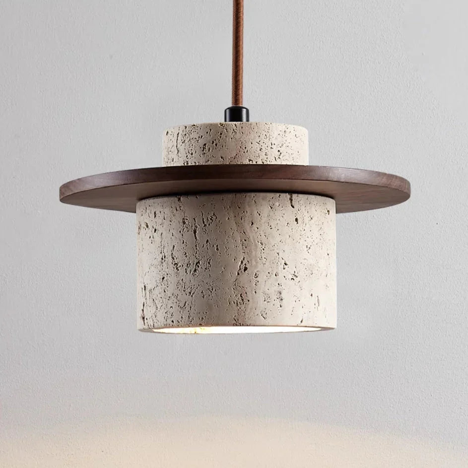 Travertine Pendant Light with Wood Accent, 10 in Japandi LED Hanging Lamp, Minimalist Warm Lighting for Bedroom, Living Room, Entryway | Lonoma