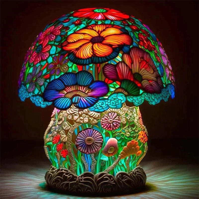 Stained Glass Style Resin Mushroom Table Lamp, Colorful Sculpted Ambient Night Light for Kids Room, Bedside, Living Room Decor | Lonoma