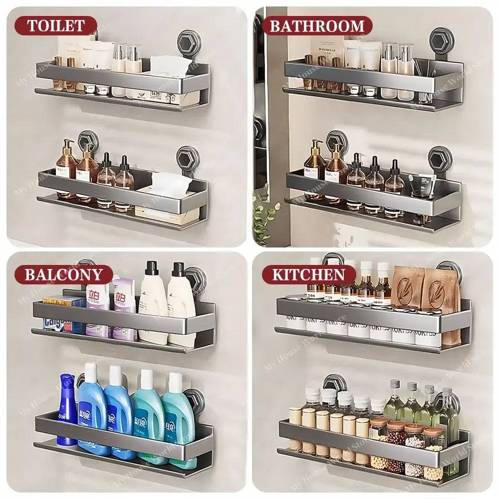 Stainless Steel Wall Shelf Suction Cup Spice Rack No-Drill Kitchen Storage Adjustable 12-20 Inch Organizer for Bathroom Pantry Cooking | Lonoma
